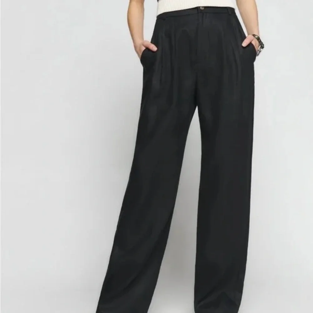 Reformation mason linen pants black high rise drapey wide‎ leg trouser 8Petite